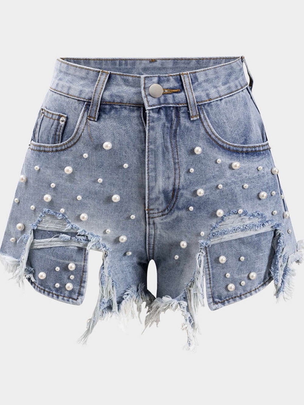 MICAS Pearl-Studded Distressed Light Blue Denim Shorts - Women